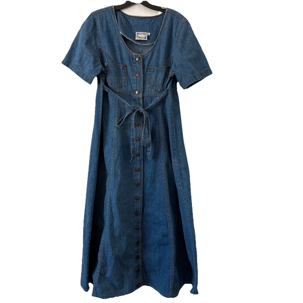 VTG Monique Fashions Denim Dress Women's 10 Button Up Belt Modest USA 80's 90's